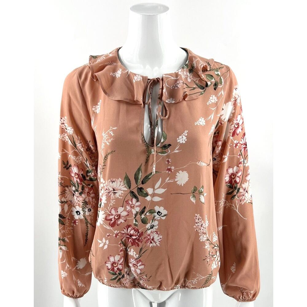 W5 Top Size Small Pink Green Floral Ruffle Tie Neck Blouse Long Sleeve Womens
